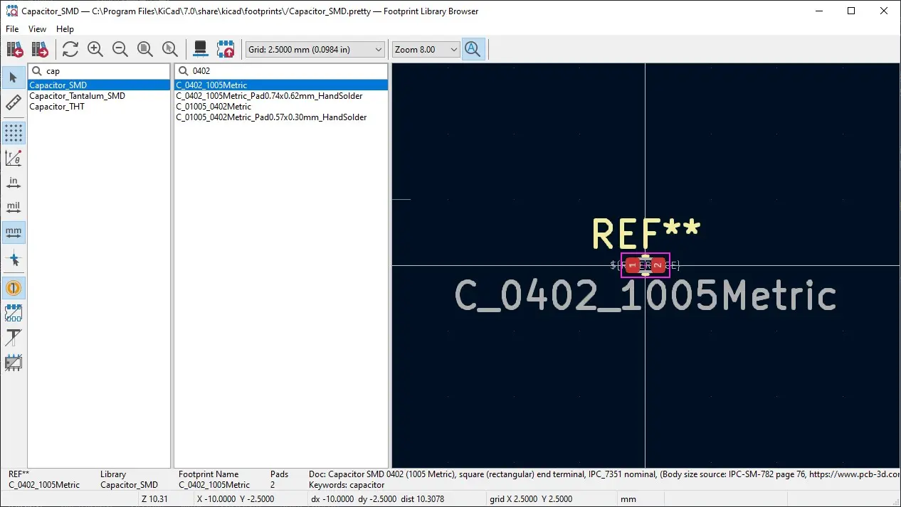 選擇 Footprint 「C_0402_1005Metric」