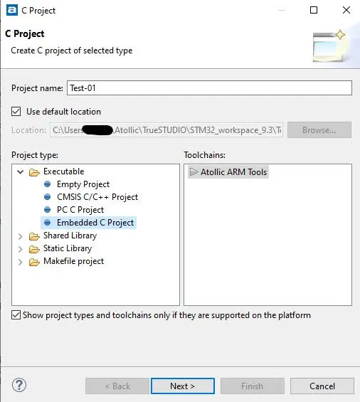 ▲ 輸入專案名稱，選擇儲存路徑（圖中選為預設位置），選擇Embedded C Project。